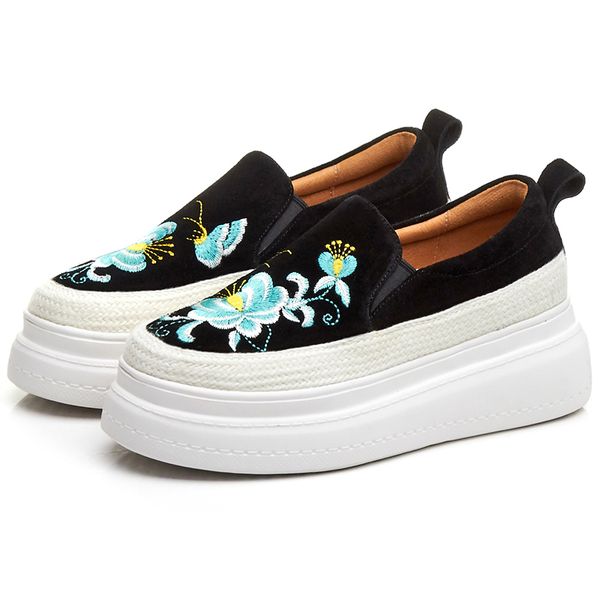 

dress shoes platform woman thick-bottomed 2021 luxury suede pumps embroider flower casual loafers yellow black wedge women
