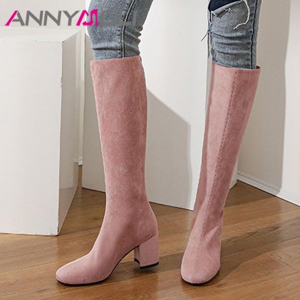 

annymoli long boots women shoes square toe block heels female boots zipper high heel knee high autumn winter apricot pink, Black