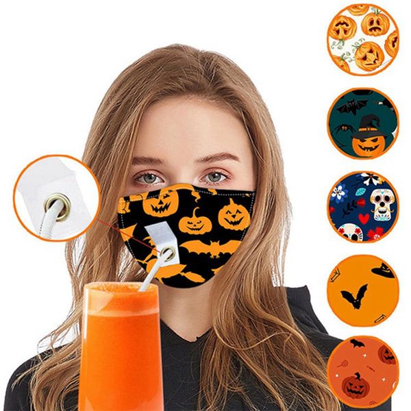 Halloween-Gesichtsmaske mit offenem Strohhalm, Geister-Kürbis-Druck, wiederverwendbar, waschbar, Anti-Staub-Mundmasken für Party, Maskerad HHA1509