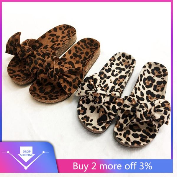 

women leopard print bow tie flat thick bottom sandals slipper beach home shoes sandals 2020 new female shoes vintage summer, Black