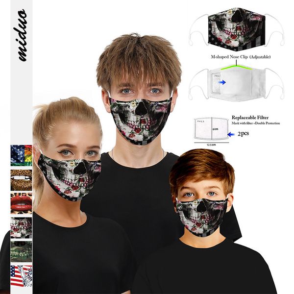 

3d face digital skull flag printing mask dust-proof pm2.5 kids washable mask with filter adjustable earhook1