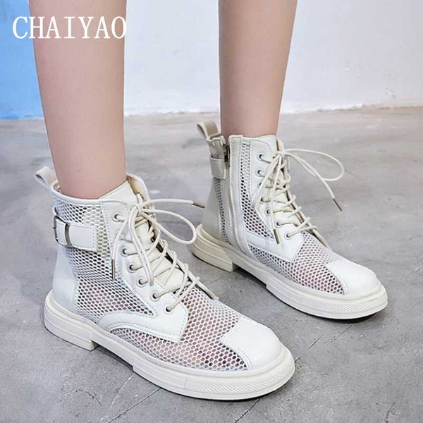 

fashion women's boots 2020 summer new breathable soft lace-up ankle ladies sandals casual air mesh zipper platform women shoes, Black