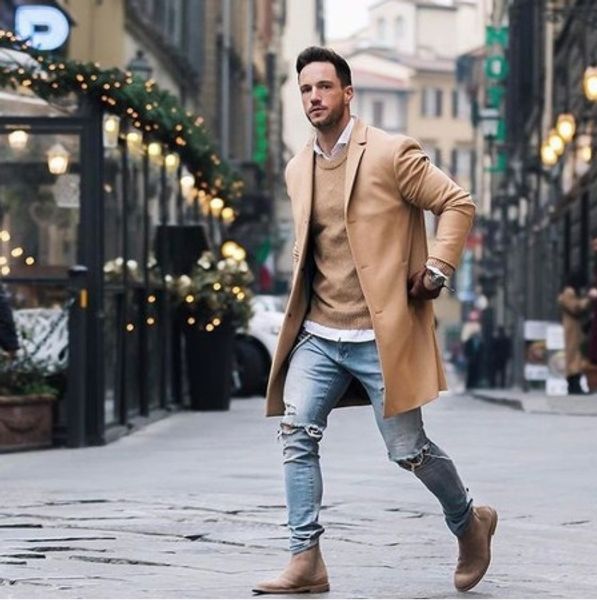 

new men long trench coat men fashion elegant solid lapel collar long sleeve loose overcoat jacket trench coat, Tan;black