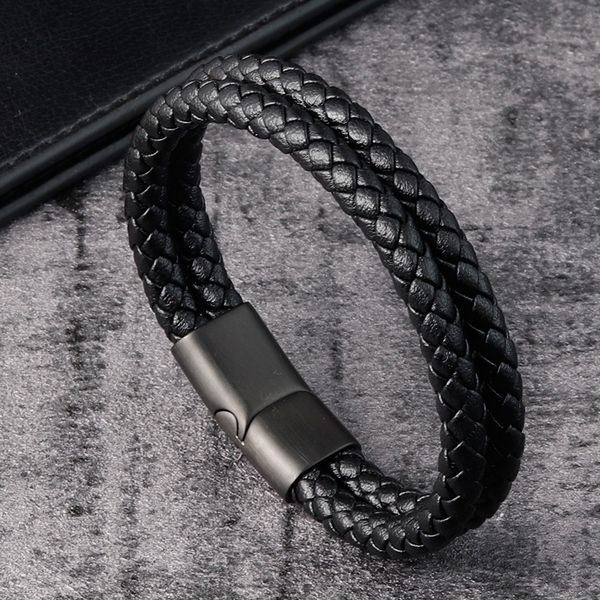 

perfect design double layer vintage steel buckle geometric braid 6mm genuine leather bracelet men women fashion birthday gift, Golden;silver