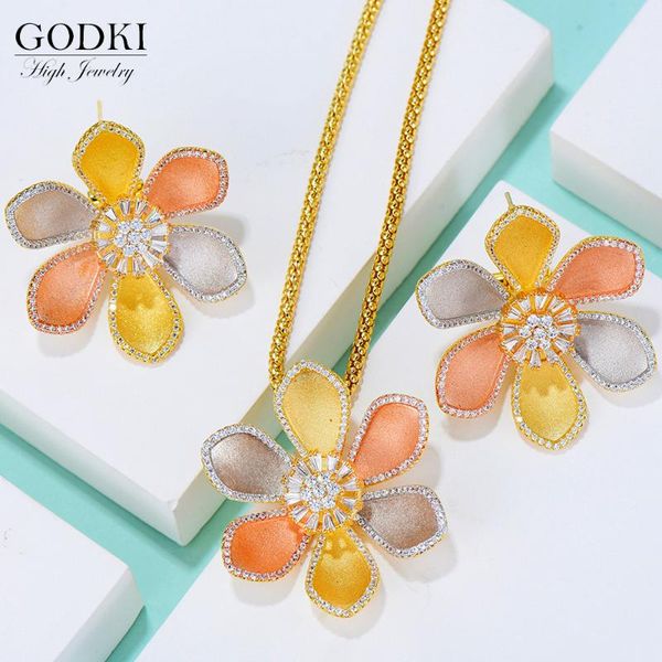

godki big fashion luxury 3 tone flowers statement jewelry set for women wedding party cubic zircon dubai bridal jewelry set 2020, Silver