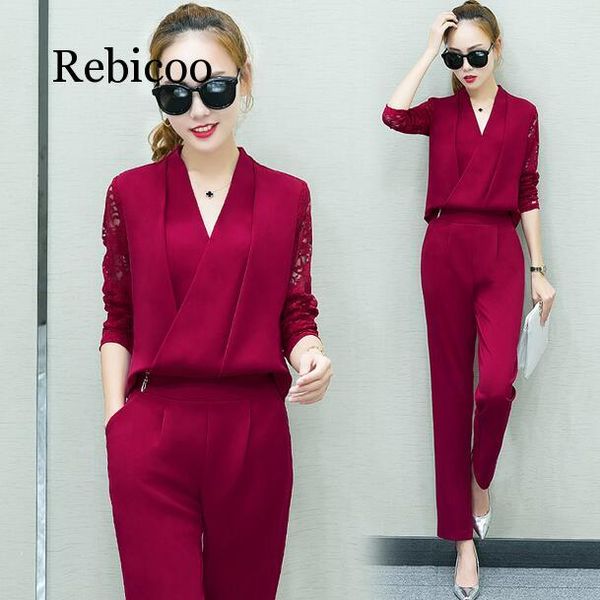 

new 2020 women's 2 piece set women's suit long-sleeved lace overalls trousers two sets of foot pants, White