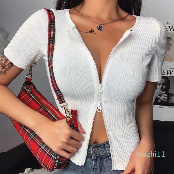 

instazipper up short sleeve t-shirt o-neck casual ladies casual streetwear cropped ribbed knitted tee women sexy, White
