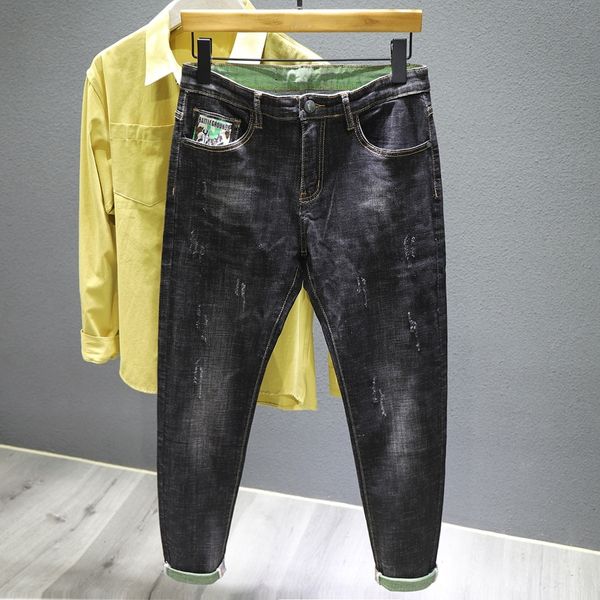 

pants leg printed black gray men's autumn fashion brand texture washed simple all-match korean jeans and jeans style stretch leggings e, Blue