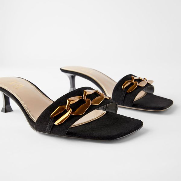 

women's slippers and sandal high heel round open toe summer sandals metallic buckle slides 2020, Black