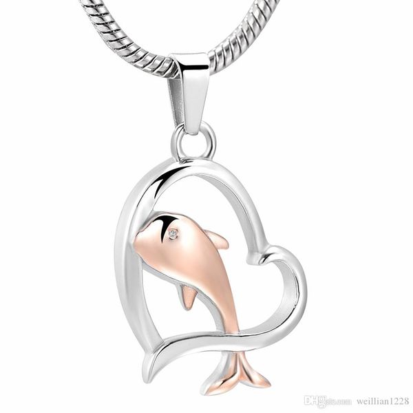 

zzl070 new arrived never fade stainless steel dolphin in my heart memorial urn pendant jewelry ashes holder keepsake cremation necklace, Silver