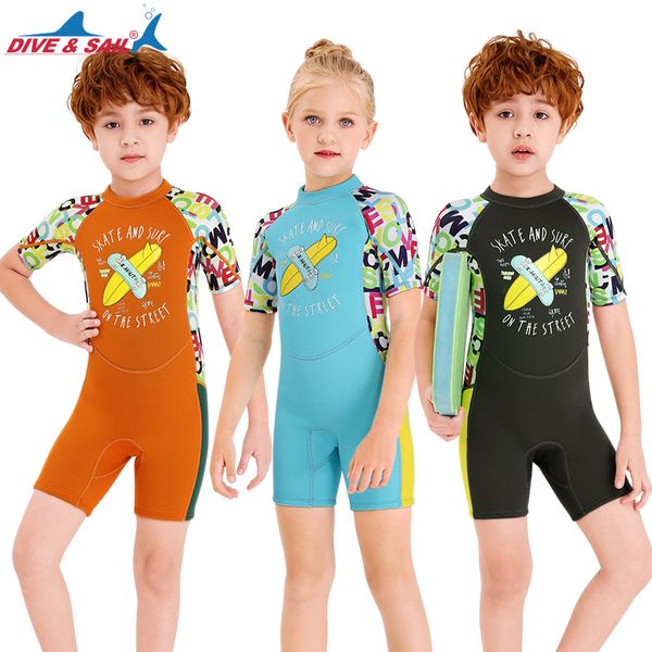 

short sleeve one piece wetsuit for kids boys girls premium neoprene 2.5mm thermal swimsuit back zip dive snorkeling surf suit