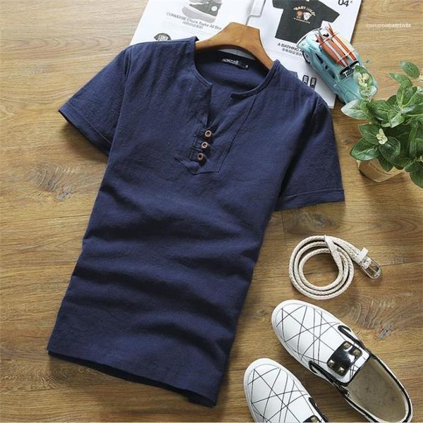 

neck button short sleeve tees males solid color plus size mens 5xl linen blend slim tshirts summer designer v, White;black