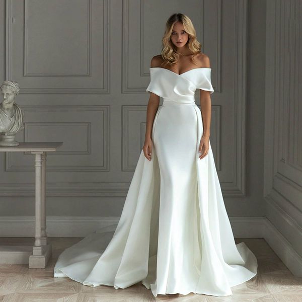 2021 Satin-Meerjungfrau-Hochzeitskleid mit abnehmbarer Schleppe, schulterfrei, bodenlang, Brautkleider, Vestido De Noiva