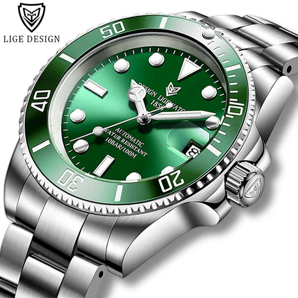 

lige design men watches automatic green watch men stainless steel waterproof business sport mechanical wristwatch, Slivery;brown