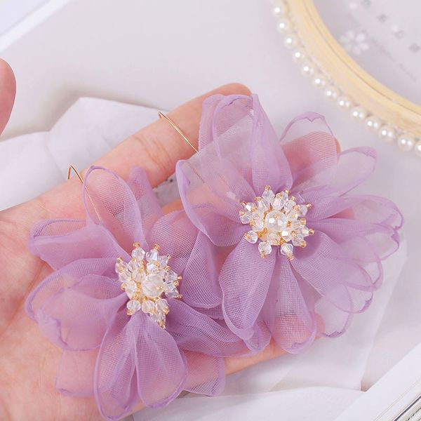 

korean exaggerated mesh cloth face-lift flower earrings foreign trade rhinestone europe ear pendant ornament, Golden