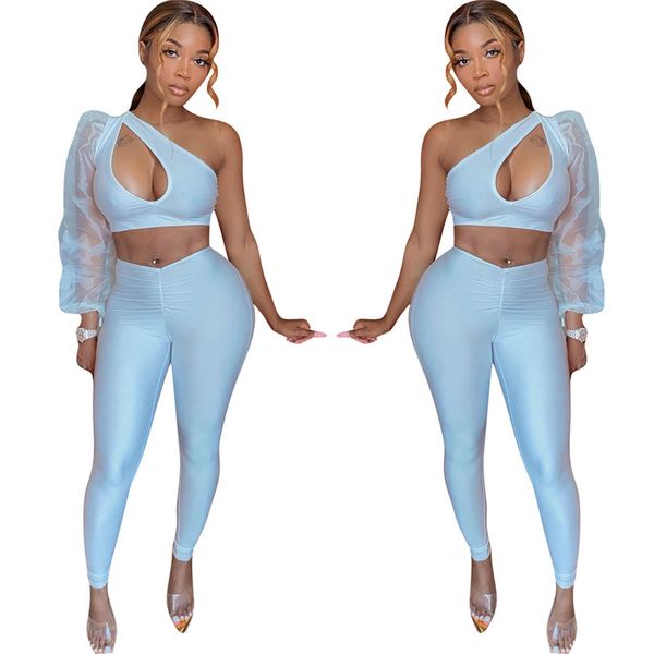 

dropshipping womens designer hollow out pants set fashion sheer puff sleeve suits womens clothing 2 piece set, White