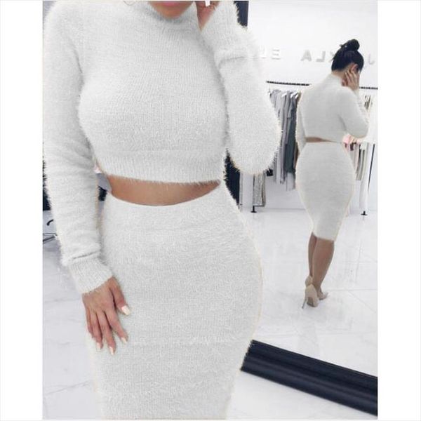

winter soft warm knitted o neck 2 pieces set casual full sleeve sweater skirt female sweater suits set two piece set women, Gray
