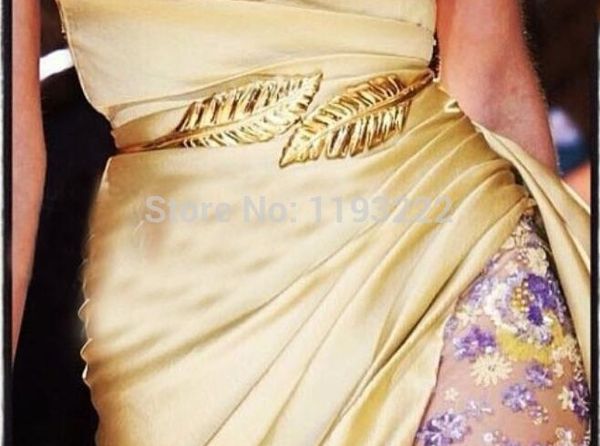 

Wholesale-Stylish Fashion Women Trendy Belt Gold Metal Leaves Alloy Elastic Cummerbund Waist Leaf Belt Straps
