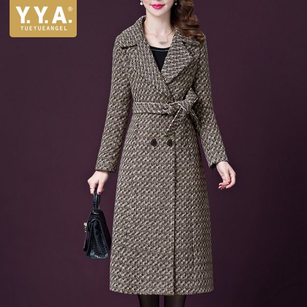 

элегантное офисное шерстяное пальто женщины зимний плед длинные пальто корейской моды отворота с двубортной тонкой верхней одежды плюс разме, Black