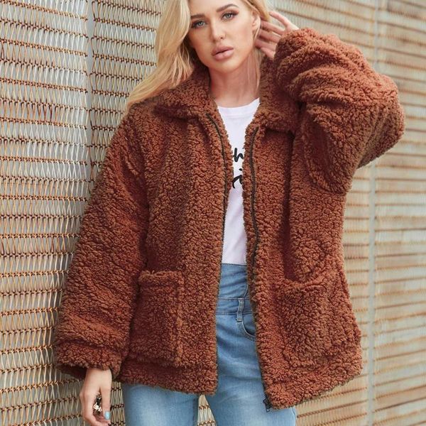 

women's fur & faux womens winter warm coat jacket solid turn down collar outerwear loose casual streetwear plush coats, Black