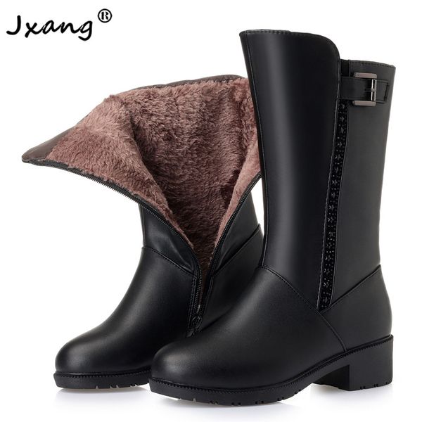 

jxang warm wool women snow boots fur warm shoes genuine leather plush med boots platform for women winter large size, Black