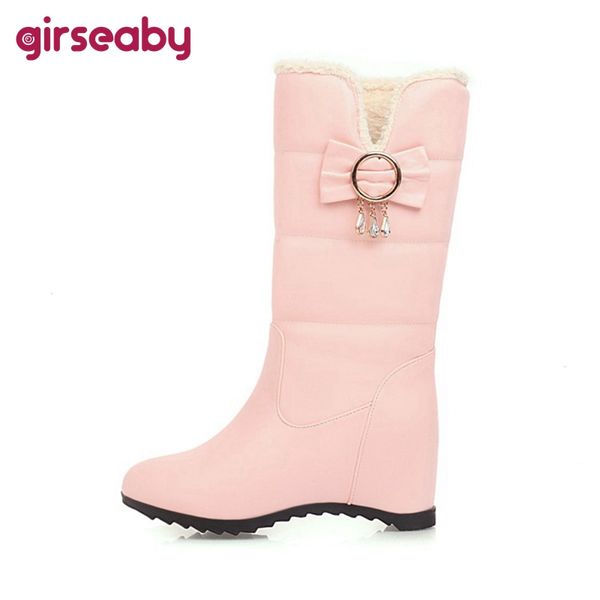 

girseaby winter knee-high snow boots round toe 7cm height increasing pu slip-on solid big size 33-43 black beige casual f1042