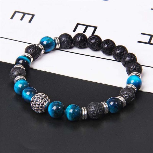 

natural blue tiger eye beads bracelet fashion micro pave zircon ball black lava volcanic beaded charm bracelet for women men