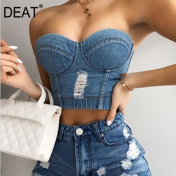 

women's tanks & camis deat 2021 summer fashion tide casual blue patchwork sleevelrss slim hole sling denim women sb723, White