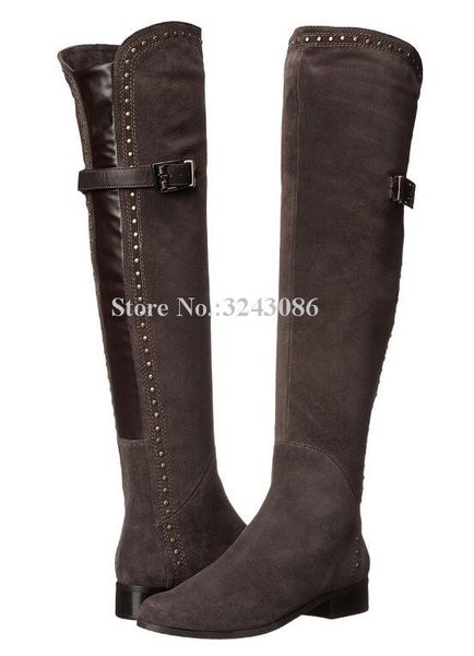 

fashion rivets low heel woman long boots new suede buckle square heel ladies studded over the knee boots large size casual, Black