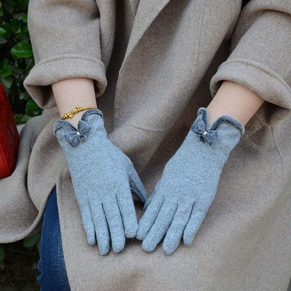 

five fingers gloves fashion female wool knit embroidery bow dotted driving winter women warm cashmere full finger touch screen c20, Blue;gray