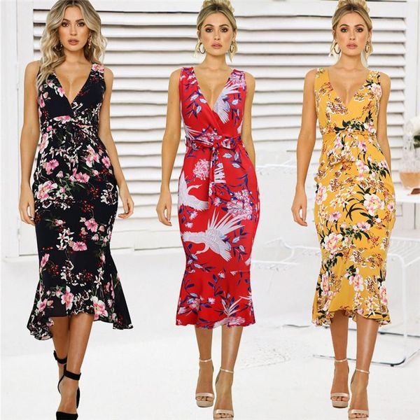 

neck dress fashion floral printed sleeveless bandage dresses casual ruffle slim womens clothing women designer v, Black;gray