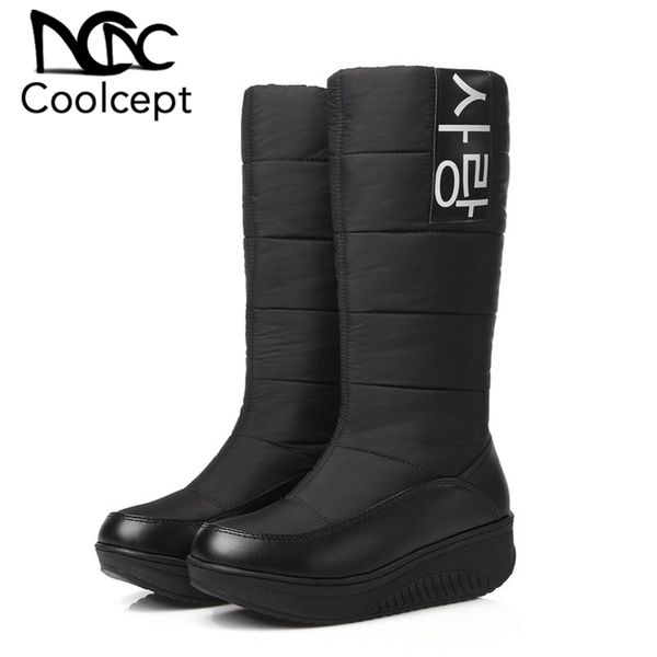 

coolcept плюс размер 35-44 зимы плюша fur вниз boots женщин платформы обувь повседневная keep warm cotton обувь mid теленок клинья boots, Black