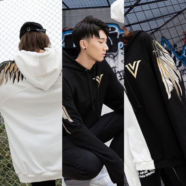 

2020 spring cotton fashion brand loose hip-hop sweater men's embroidered back angel wings hooded sweater women's couple coat sweat, Black