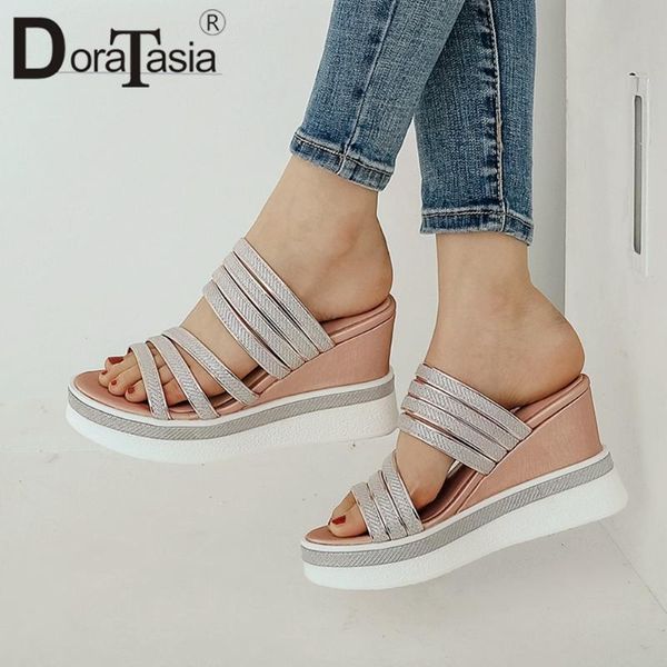 

doratasia ins trendy metallic strap platform slides comfy summer high slippers women summer fashion high wedges shoes woman, Black