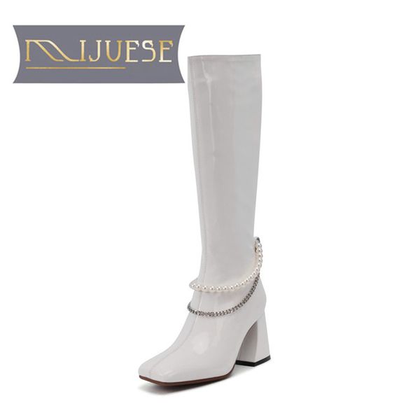 

mljuese 2021 women knee-high boots cow leather winter short plush square toe zipper high heels female boots size 42, Black