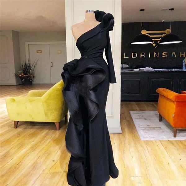 

2020 elegant one shoulder black satin mermaid prom dresses custom made long sleeve ruffles formal evening gowns women robes de soirée