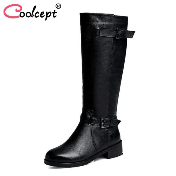 

coolcept women flats boots genuine leather winter woman shoes metal buckle fur knee boots fashion ladies warm shoes size 34-43, Black