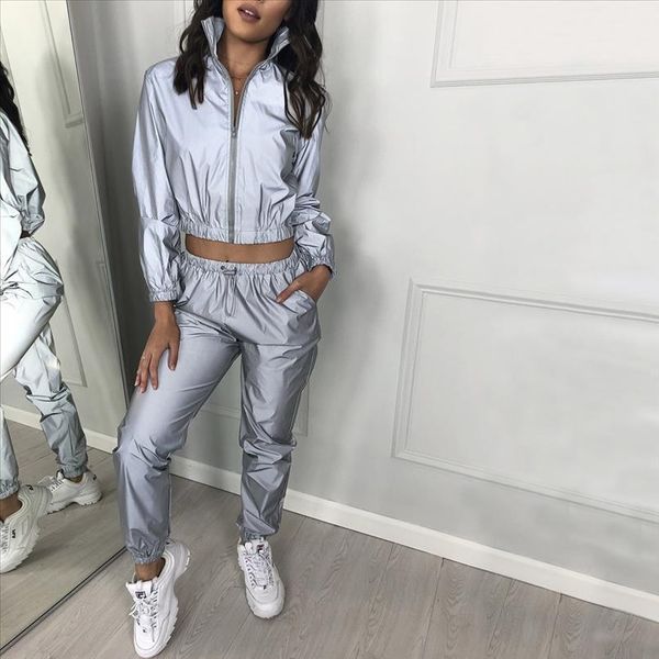 

women reflective tracksuit night version buttons turn down collar long sleeve crop casual pants two piece set, Gray
