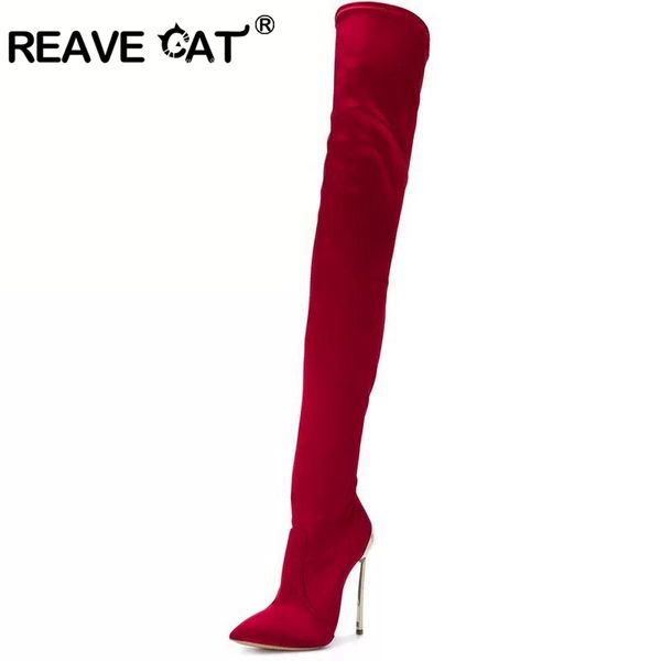 

reave cat big size 33-43 flock slip on women boots over the knee thin high heel boots casual female botas feminina a1264, Black