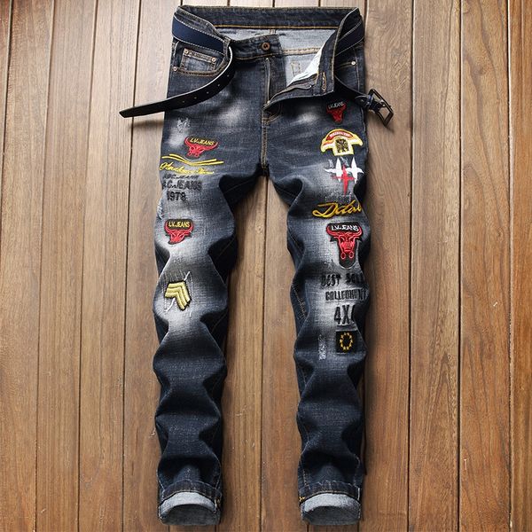 

new slim fit pants tight pants jeans tight pantspersonality jeans men's stretch embroidered leggings men's fashion cyrft, Blue