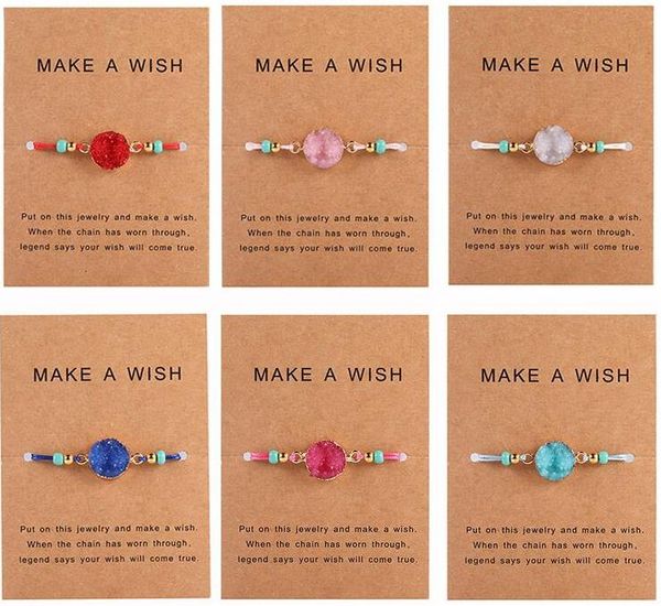 

handmade druzy resin stone bracelet make a wish card wax rope braided bracelets bangles with rice bead for women girls summer beach jewelry, Golden;silver