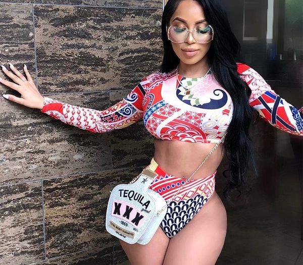 

womens long sleeve printed swimsuit fashion slim fit summer bikini designer women bathing suit, White;black