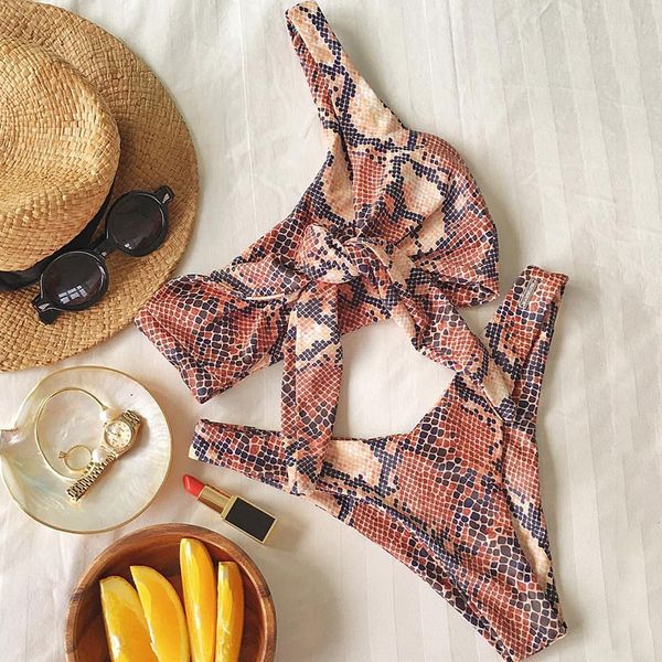 

змея печати одно плечо бикини 2019 bow узел купальник женщин сексуальный купальники женский два кусочка бикини комплект купальный костюм куп