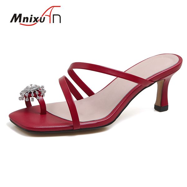 

handmade women flip flops slippers summer high heels 2020 new genuine leather thin heel rhinestones ladies shoes slides size 33, Black