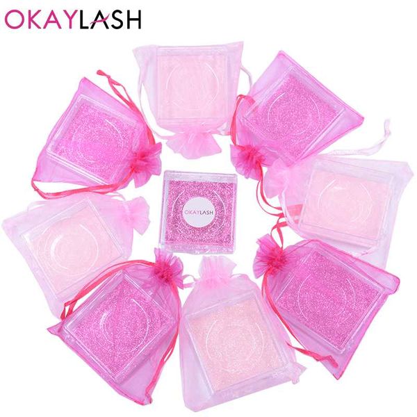 

okaylash wholesale 2020 beautiful unique style empty pink clear eyelash packaging case with silk organza drawstring bag