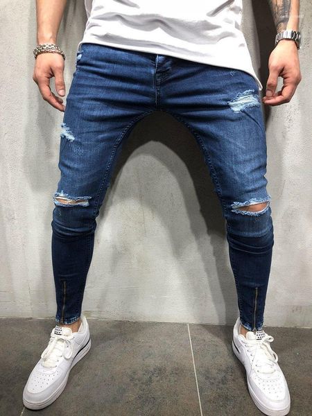 

zipper fashion summer style homme clothing hip hop casual apparel mens hole designer jeans pants solid color, Blue