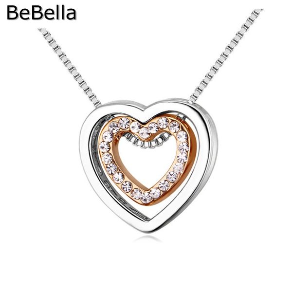 

bebella double metal color heart pendant necklace with czech crystal fashion jewelry for women girl wedding guest gift 2020, Silver