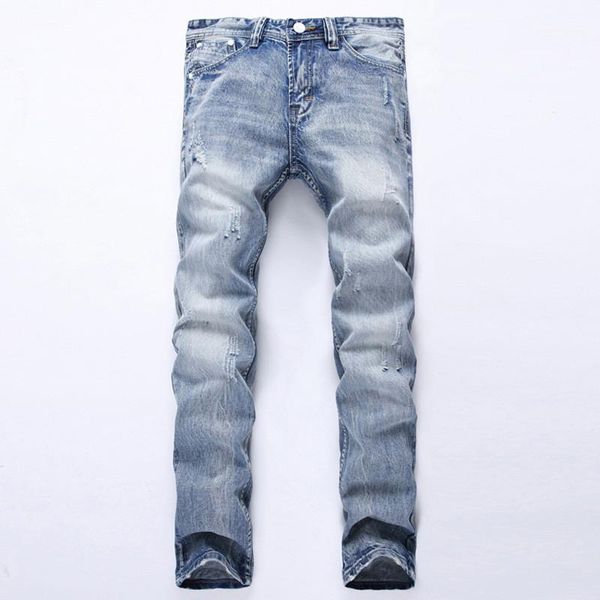 

casual loose light color slim straight hole trousers elastic waist washed denim blue pants men designer jeans