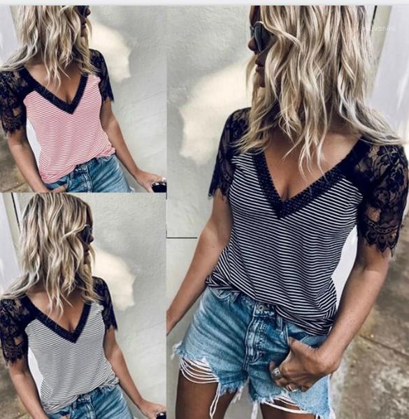 

полосатый панелями футболка вырез кружева рукава мода v шеи лето famale одежда женская дизайнерская casual, White