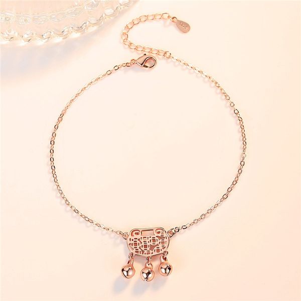 

trendy lady silver 925 anklets for women jewelry safety lock design female fashion rose gold bell anklet for girls princess gift, Red;blue